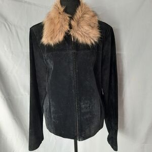 Genuine Black Leather Jacket Faux Fur Removable Trim Womens Sz Lg/Med Pockets